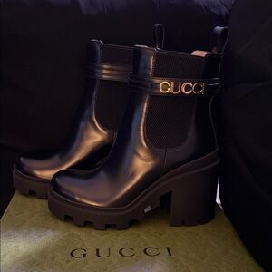 Gucci Black Heeled Boots with Gold Accent